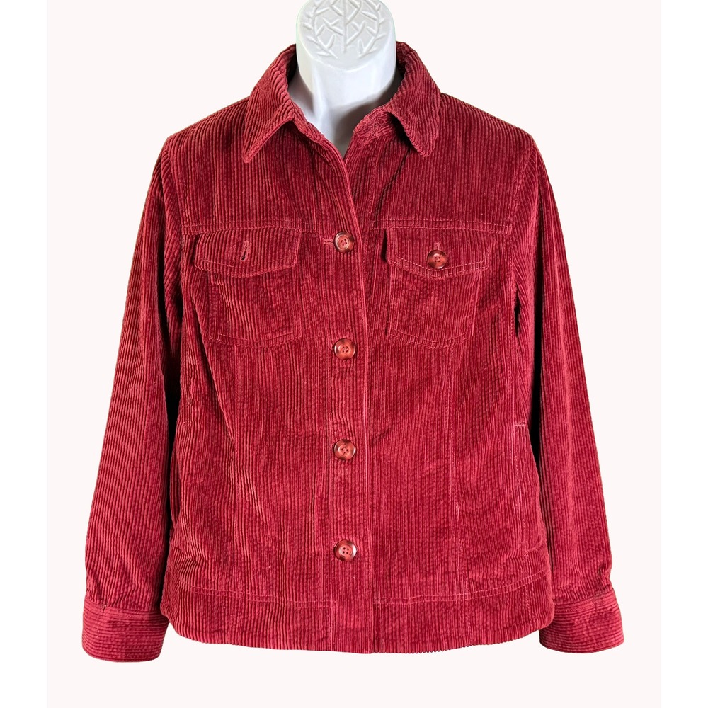 L.L.Bean Corduroy Jacket Womens M Red Flannel Lined Button Front Trucker Coat